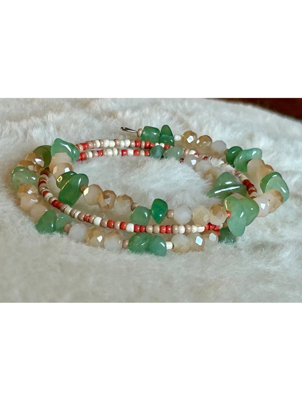 Handcrafted Multi-Strand Beaded Bracelet with Green and Beige Gemstones